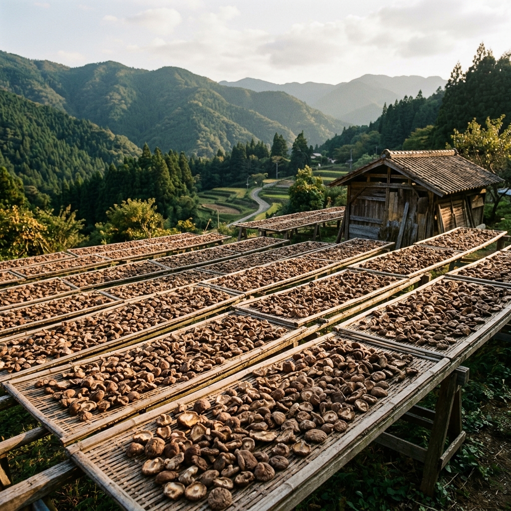 Shiitake mushrooms drying on bamboo racks in Oita mountains