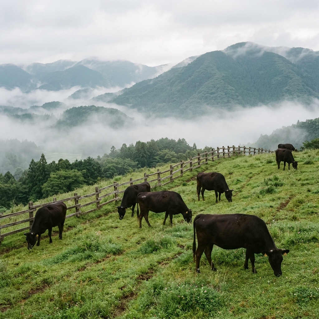 Black Wagyu cattle grazing on misty Miyazaki hillside