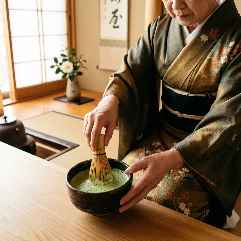 Omotesenke tea master Karen Hashimoto wearing a kimono, whisking matcha in a serene wooden tea room.
