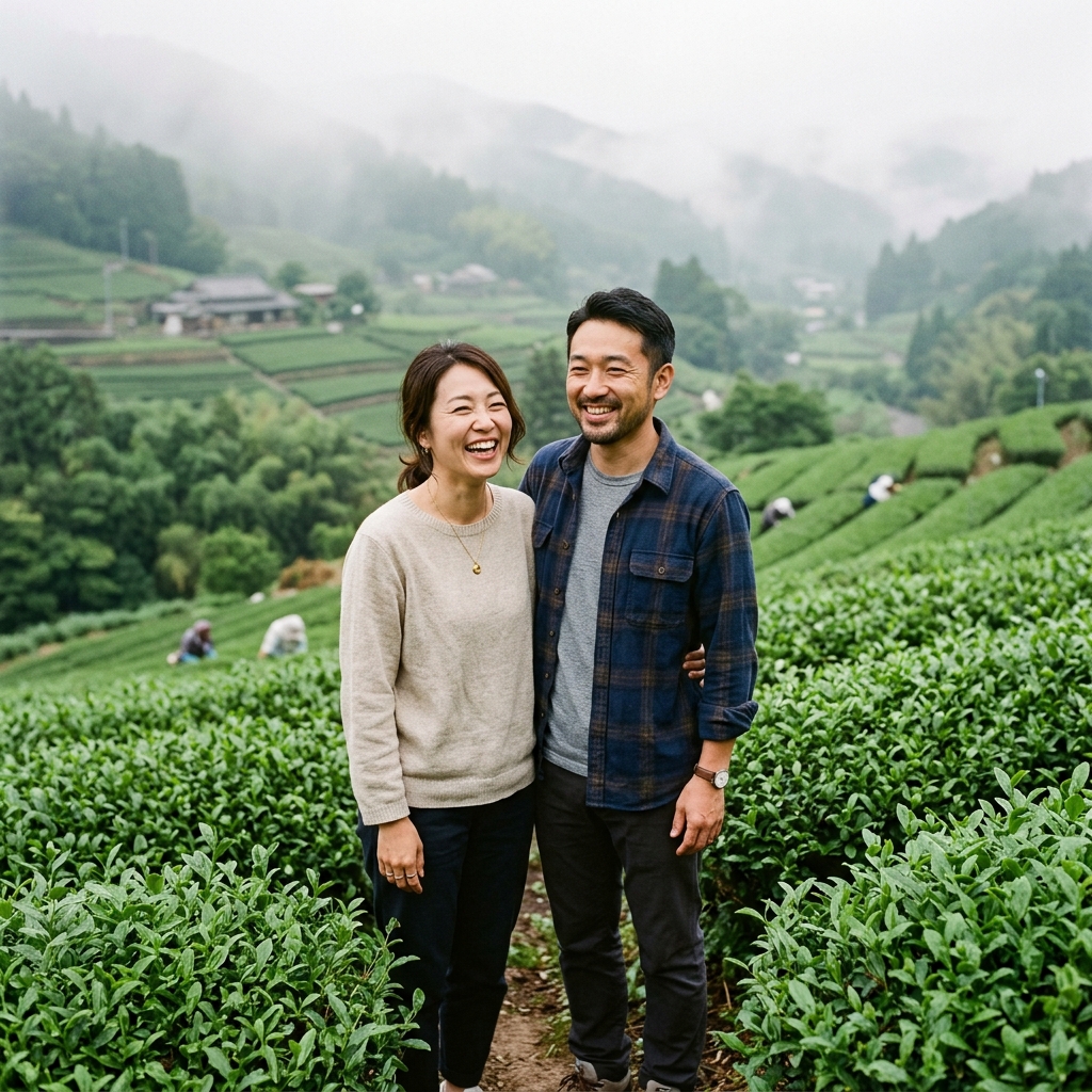 Karen and her husband in Yame tea field
